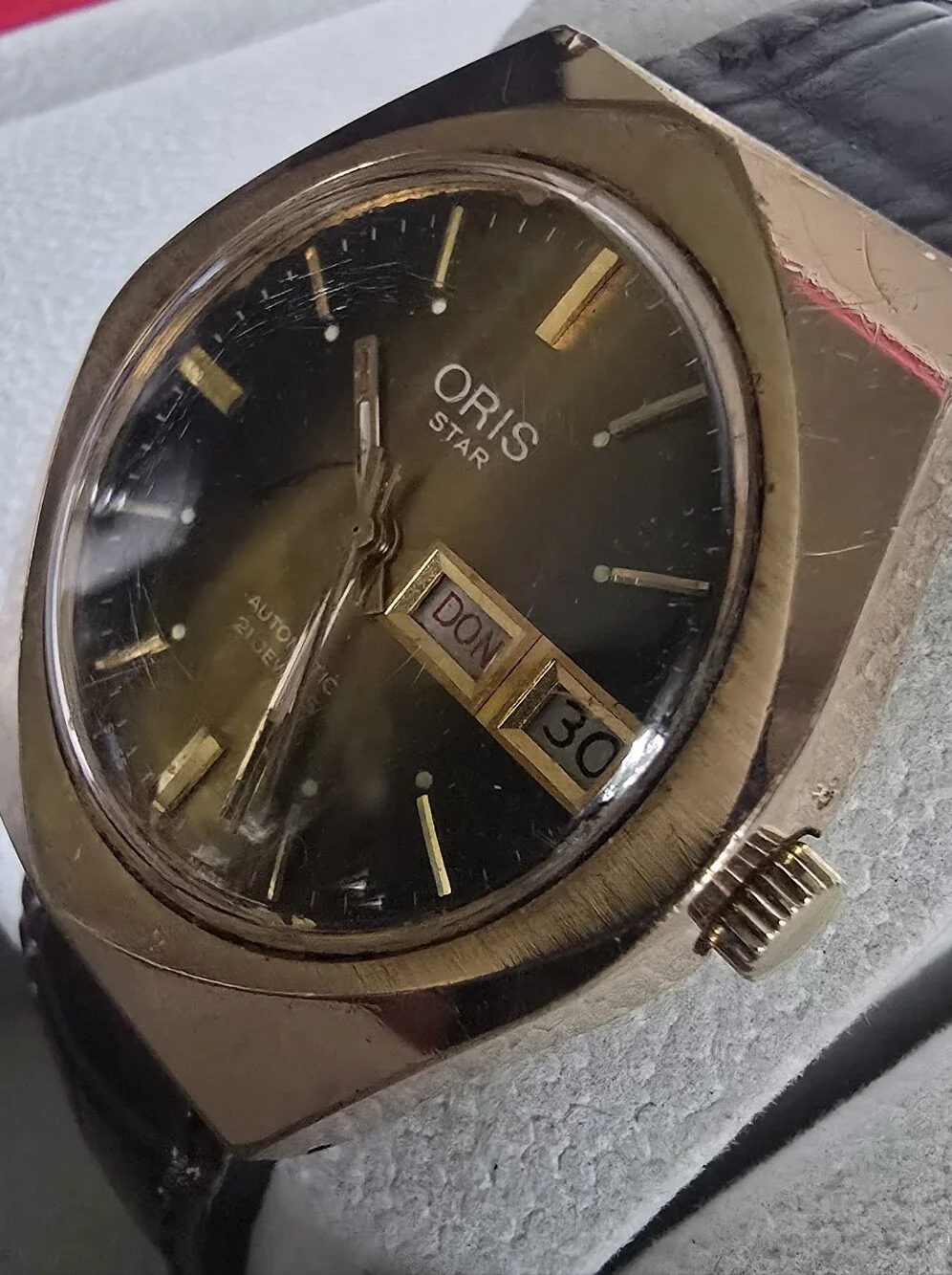 Oris Star Gold-Tone Case with Black Dial and Brown Strap
